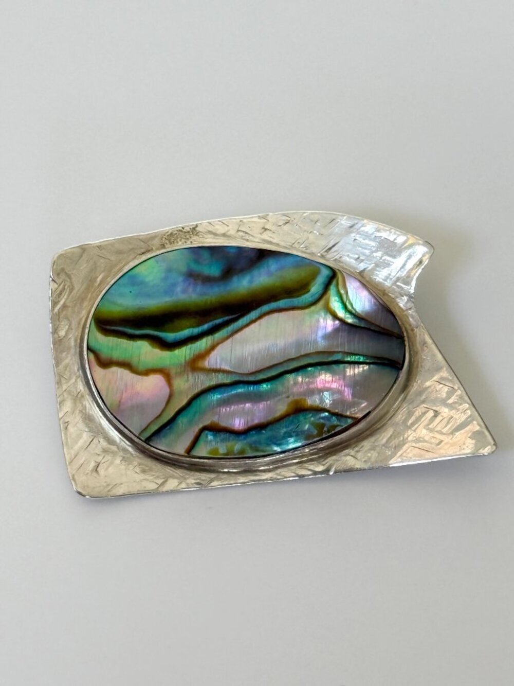 Vintage Sterling Silver Abalone Shell Brooch Pin Modernist Artisan Handmade